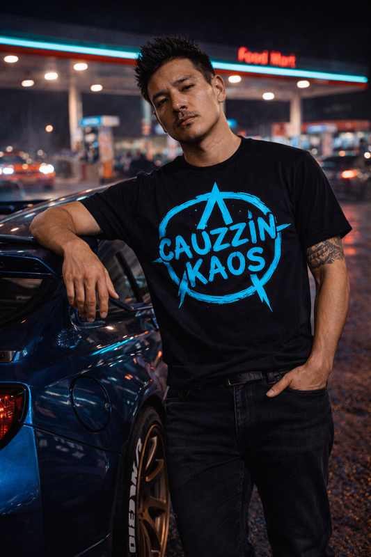 STREET BORN. SPEED DRIVEN. CAUZZIN KAOS Cyan Logo Tee