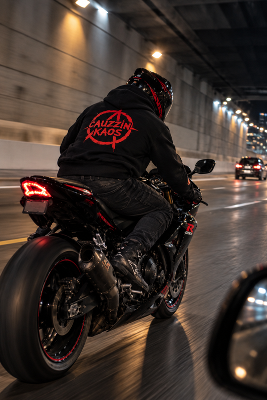 NO RULES. JUST KAOS. CAUZZIN KAOS Distressed Red Logo Hoodie