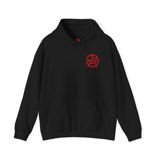 Cause Chaos Hoodie — Red 'Cauzzin Kaos' Graphic Pullover