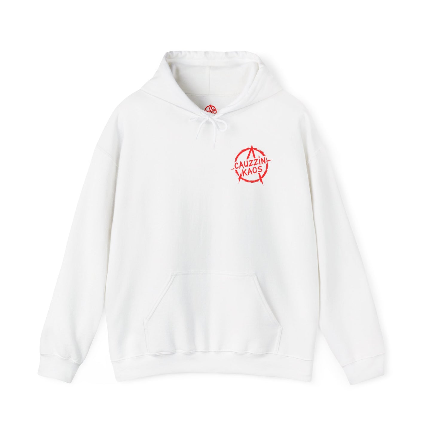 Cause Chaos Hoodie — Red 'Cauzzin Kaos' Graphic Pullover